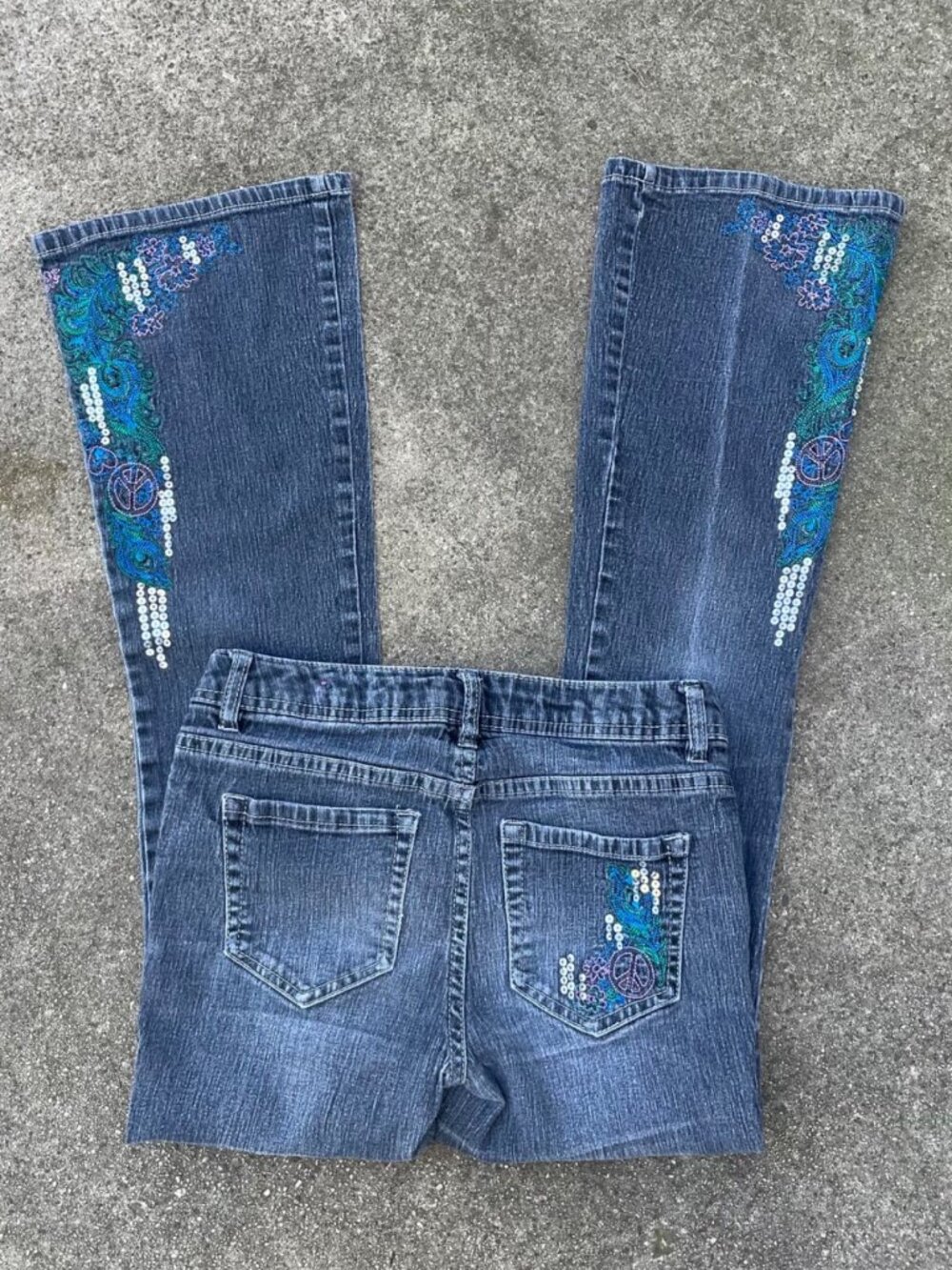 Vintage Y2KSkinny Flare Jeans Sequin Embroidered Girls 14 Womens 26x27 Low Rise